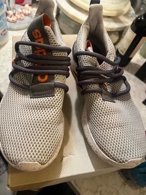 adidas Kids Gray Mesh Sneakers with Orange Logo and Dark Laces